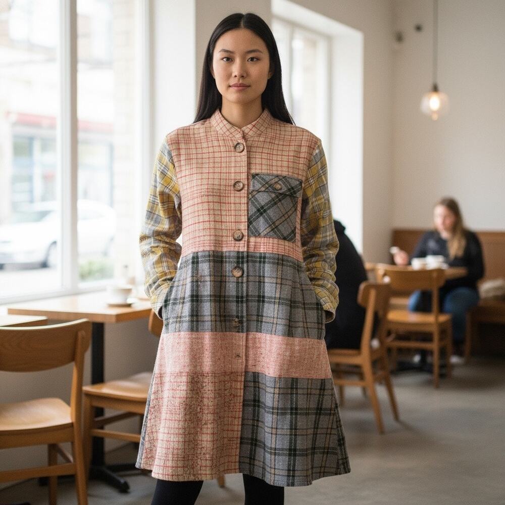 Patchwork Ivy Jane  Plaid Coat Dress Wool Blend Western Folk Style Jacket S Boho
